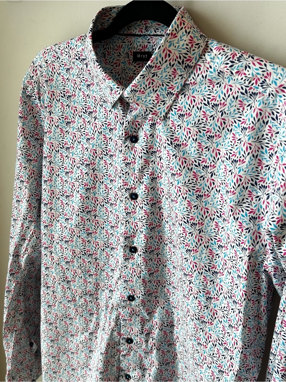 Hörst Men's White Cotton Shirt Small Floral Print Size 16.5 Large Slim Fit